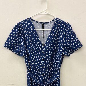 Navy and White Romper Short Cap Sleeve with Buttons and Tie Waist